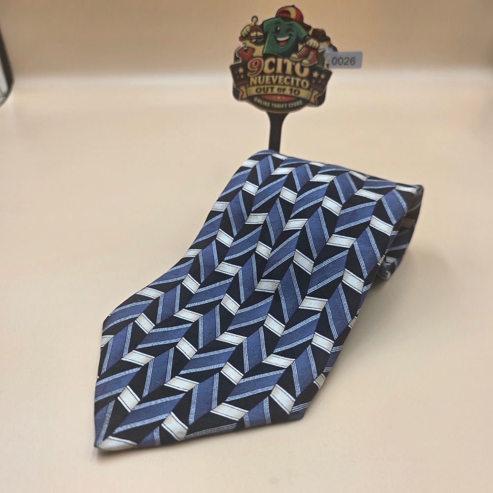 Louis Roth Mens Blue Black Geometric Chevron Silk Necktie Hand Made 4 Inch Width